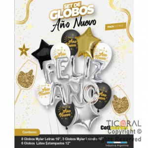 SET DE GLOBOS METALIZADO FRASE FELIZ A�O 17 UNIDADES X 1